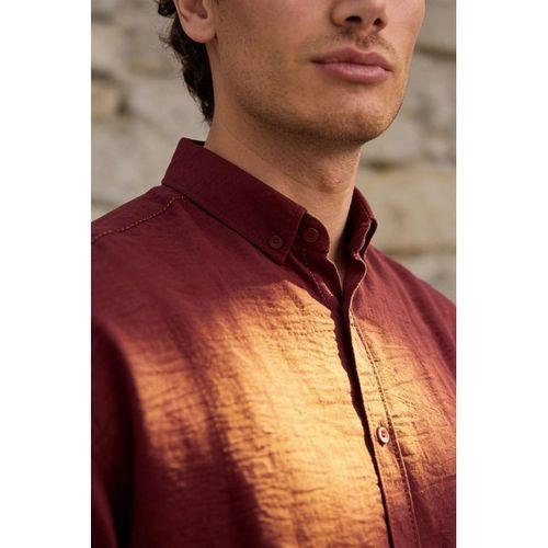 Scott – Soft Dokulu Yarım Oversize Modern Keten Görünümlü Erkek Gömlek - Bordo