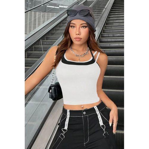 Kadın Siyah Beyaz Çift Renk Çapraz Askılı Crop Top Bluz