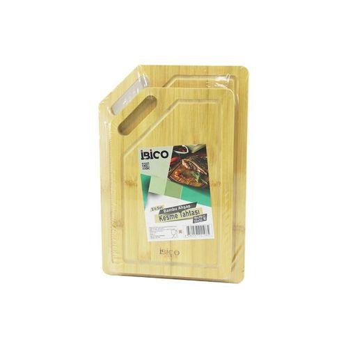 İ22-198 Kesik Kenarlı Ve Kanallı Oval Kulplu Ahşap Bambu Kesim Panosu Ve Kesme Tahtası Seti 18x28x1cm - 22x32x1cm