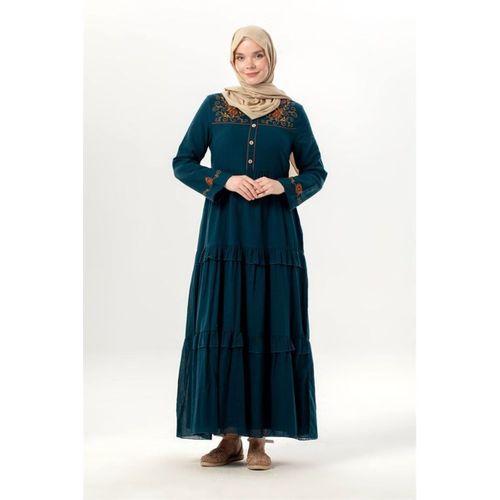 Uzun Kol Zeynep Bisiklet Yaka Nakışlı Uzun Vual Elbise Petrol Ptrl