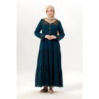 Uzun Kol Zeynep Bisiklet Yaka Nakışlı Uzun Vual Elbise Petrol Ptrl