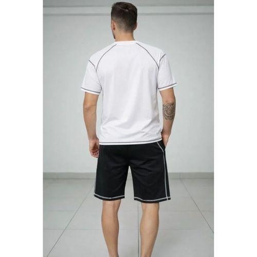 Erkek Spor Tişört Şort Takım Kontrast Dikiş Detaylı Ovarsize Rahat Kalıp - Beyaz