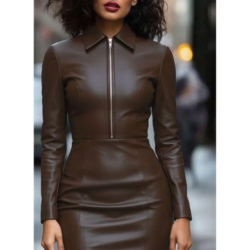 Kadın Uzun Kollu Yakalı Fermuarlı Mini Deri Elbise