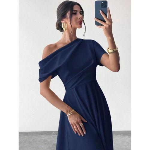 Kadın Omuzdan Açık Kısa Kollu Omuzdan Pileli Uzun Janjan Krep Elbise