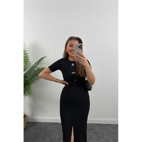 Kadın Ottoman Kumaş Likralı Düğme Tasarımlı Kısa Kol Kalem Elbise