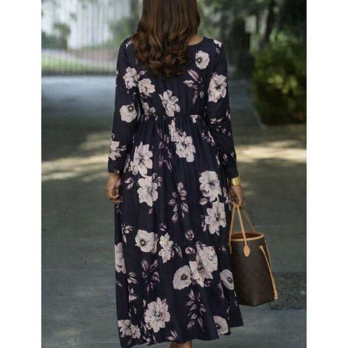 Kadın Uzun Kollu V Yakalı çiçek Desenli Maxi Süprem Elbise