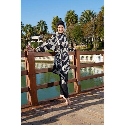 Estiva 26969 Siyah Abstract Tam Kapalı Pantolonlu Kuşak Detaylı Tesettür Mayo