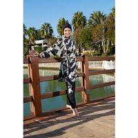 Estiva 26969 Siyah Abstract Tam Kapalı Pantolonlu Kuşak Detaylı Tesettür Mayo