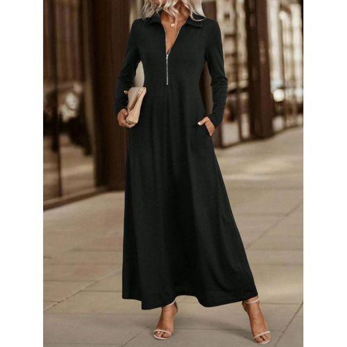 Kadın Uzun Kollu Yakalı önden Fermuarlı Uzun Viskon Iki Iplik Elbise