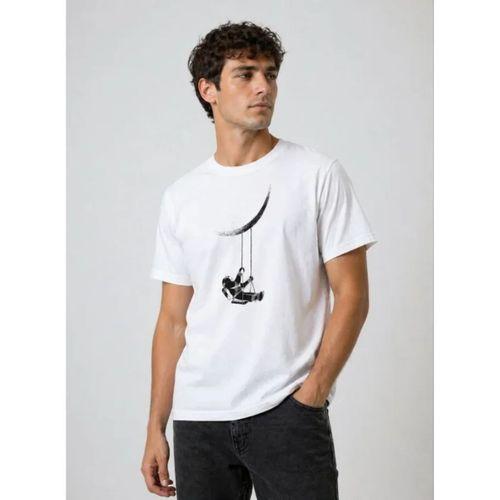 Erkek Astronot Ay Temalı Tişört Kısa Kol Yazlık Bisiklet Yaka T-Shirt - Beyaz