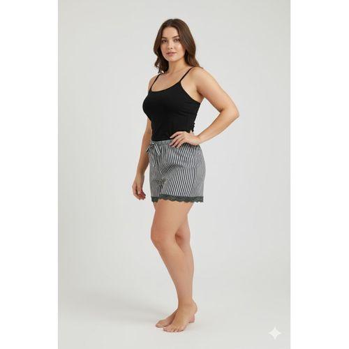 Çizgili Penye Kadın Ev Şortu Bacak Dantel Detaylı Ev Giyim Siyah