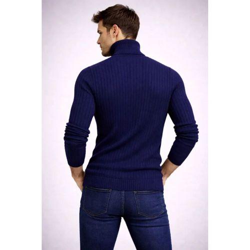 Erkek Balıkcı Yaka Bağazlı Triko Kazak Pamuklu Kalın Fitilli Dokuma, Regular Fit Uzun Kollu Kışlık Model - Lacivert