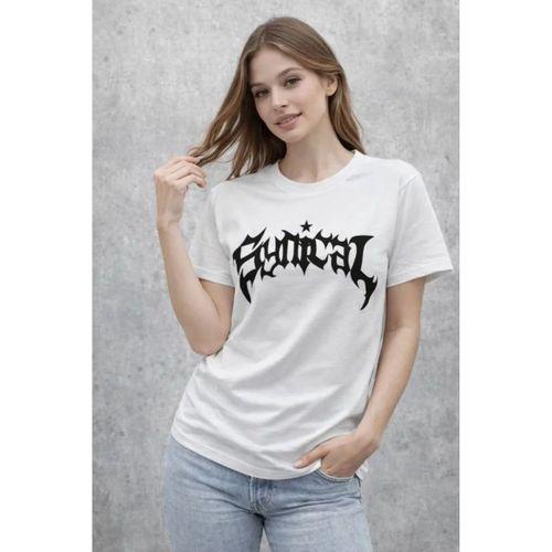 Bisiklet Yaka Ön Baskılı Kısa Kollu Tişört Streetwear Günlük Basic Pamuklu T-shirt - Beyaz