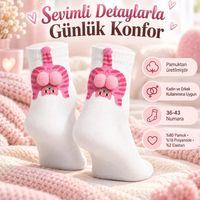 Kadın Soket Çorap Seti - Beyaz Pembe Kedi Desenli Ponponlu, 3'lü Paket