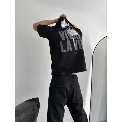 Baskılı Oversize Bisiklet Yaka T-shirt - Siyah