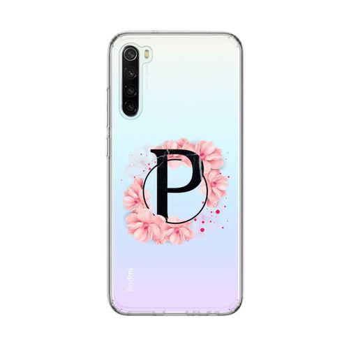 Xiaomi Redmi Note 8 Pembe Çiçek Desen P Harfli Şeffaf Kılıf