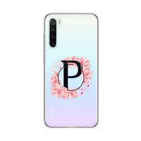 Xiaomi Redmi Note 8 Pembe Çiçek Desen P Harfli Şeffaf Kılıf