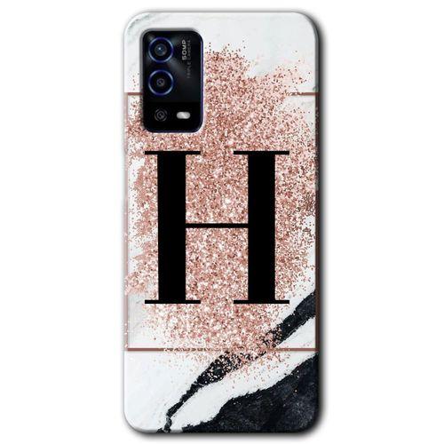 Oppo A55 Kılıf HD Desen Baskılı Arka Kapak - Pembe Mermer Desenli H Harfi + Kırılmaz Cam