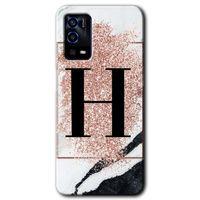 Oppo A55 Kılıf HD Desen Baskılı Arka Kapak - Pembe Mermer Desenli H Harfi + Kırılmaz Cam