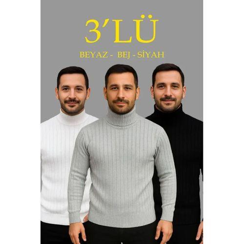 Erkek Fitilli Kazak Tam Boğazlı Balıkçı Yaka Triko 3lü Set Beyaz-Gri-Siyah