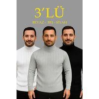 Erkek Fitilli Kazak Tam Boğazlı Balıkçı Yaka Triko 3lü Set Beyaz-Gri-Siyah