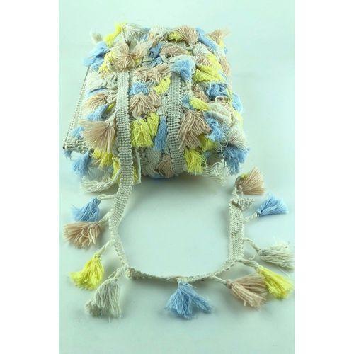 FdayAksesuar Bej Mavi Sarı Pamuklu Saçak Şerit Püskül 1 Metre En 4,5 Cm