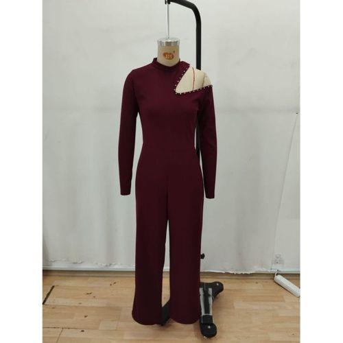 Kadın Tek Omuzdan Açık Balıkçı Yaka Taş Detaylı Uzun Ithal Krep Tulum