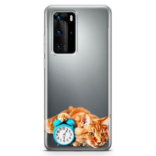 Huawei P40 Pro Kılıf Masa Saati Kedi Arka Kapak Koruma Desenli Full Koruyucu