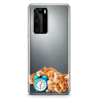 Huawei P40 Pro Kılıf Masa Saati Kedi Arka Kapak Koruma Desenli Full Koruyucu