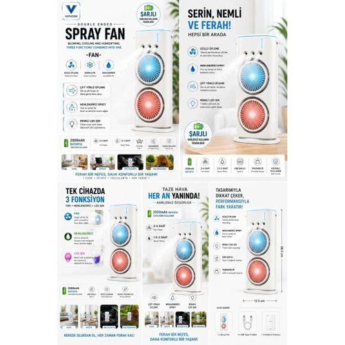 Vothoon Çift Başlıklı Sprey Fan Nemlendirici Ve Renkli Led Işıklı Beyaz