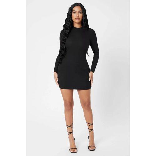 Kadın Siyah Kaşkorse Balıkçı Yaka Uzun Kollu Bodycon Mini Elbise