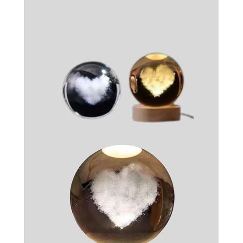 Led Işıklı Kalp Desenli Cam Küre Büyük Boy Ahşap Tabanlı