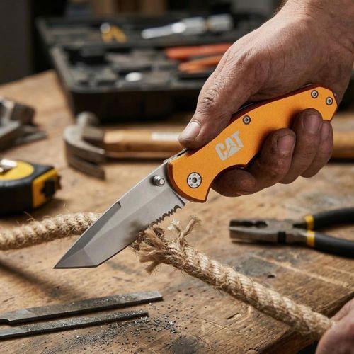 CAT DA980011 Kemer Askı Kancalı Cam Kırma Uçlu Katlanabilir 17CM Paslanmaz Çelik Sarı Kamp Çakısı