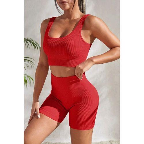 Kadın Kırmızı Kaşkorse Şortlu Crop Atlet Takım Esnek Kumaş Yüksek Bel