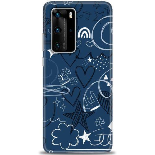 Huawei P40 Pro Kılıf HD Baskılı Kılıf - Notalar ve Kalpler Mavi + Tam Ekran Koruyucu