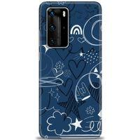 Huawei P40 Pro Kılıf HD Baskılı Kılıf - Notalar ve Kalpler Mavi + Tam Ekran Koruyucu