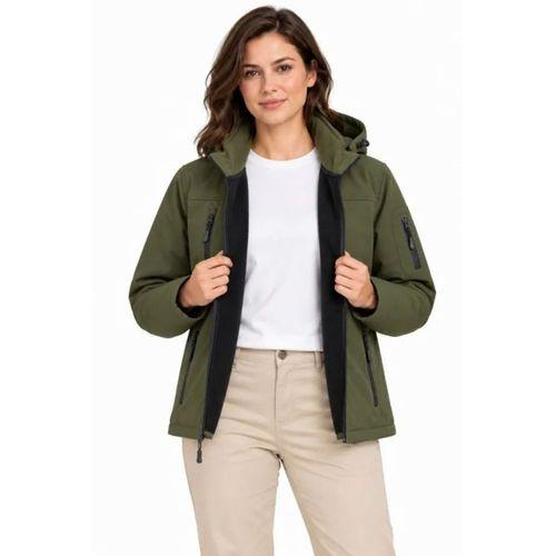 Su Geçirmez Softshell İçi Polar Astarlı Çıkarılabilir Kapüşonlu 4 Cepli Mont Ceket - Haki