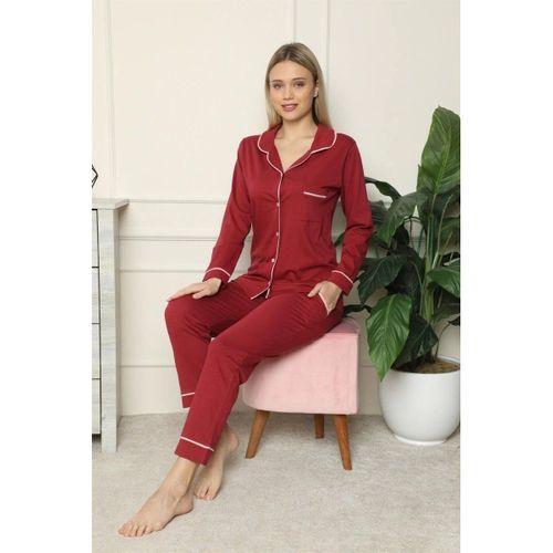 Kadın %100 Pamuk Penye Önden Düğmeli Uzun Kol Pijama Takım Bordo