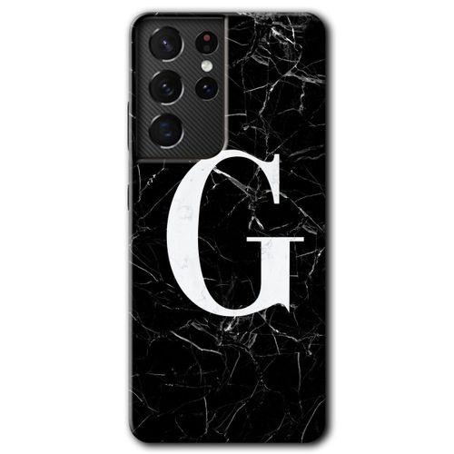 MRCİLETİSİM Samsung Galaxy S21 Ultra Kılıf HD Desen Baskılı Arka Kapak + Temperli Cam - Siyah Mermer Desenli G Harfi