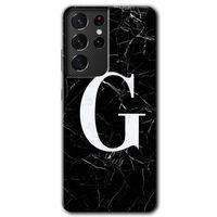 MRCİLETİSİM Samsung Galaxy S21 Ultra Kılıf HD Desen Baskılı Arka Kapak + Temperli Cam - Siyah Mermer Desenli G Harfi