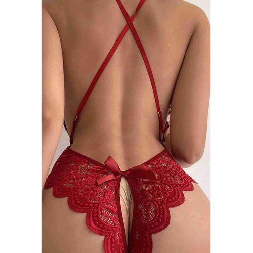 Özel Bölgesi Açık Dantelli Kırmızı Fantazi Babydoll