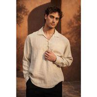 Baldwin Apaş Yaka Britli 3 Düğmeli İnce Modal Kumaş Oversize Uzun Kollu Yazlık Erkek Gömlek - Bej