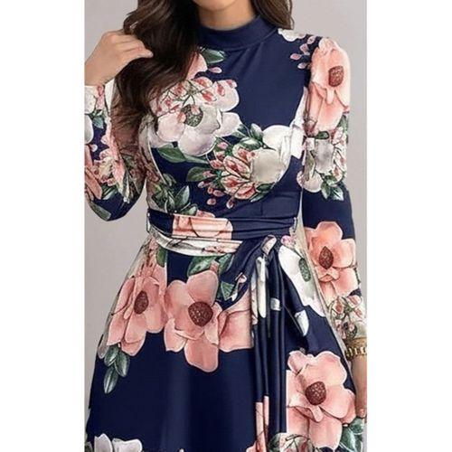 Kadın Uzun Kollu Yuvarlak Yakalı Beli Kuşaklı Desenli Süprem Uzun Elbise