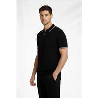 Erkek Fermuarlı Yaka Fitilli Triko Kısa Kollu Regular Fit Tişört T-shirt - Siyah