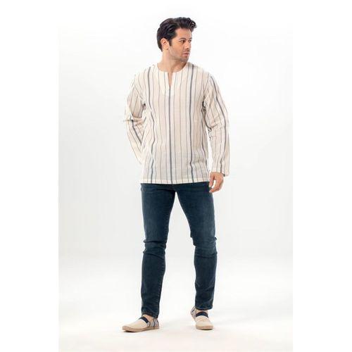 Büyük Beden Uzun Kol Şile Bezi Bisiklet Yaka Yazlık Tshirt Ekru Gri Çizgili 3028