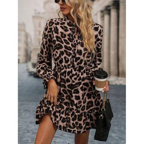 Kadın Uzun Kollu Yakadan Bağcıklı Modal Leopar Desenli Mini Elbise