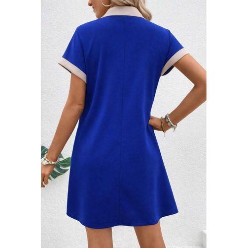 Kadın Kısa Kollu V Yakalı Onden şerit Detaylı Yakalı Kısa Janjan Krep Elbise