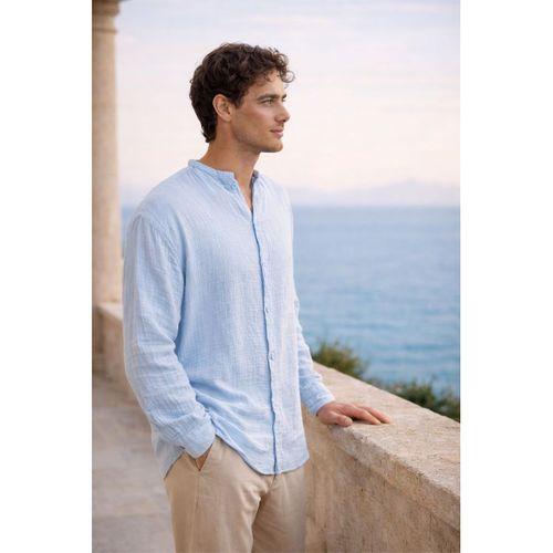 Hafif ve Nefes Alabilir Erkek Müslin Yarım Pat Hakim Yaka Oversize Gömlek - Buz Mavi