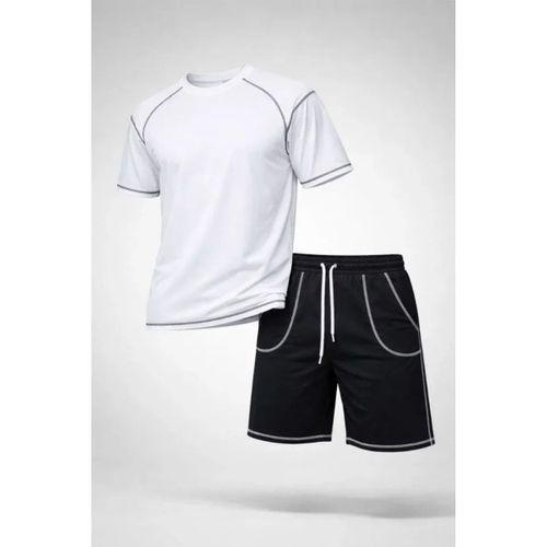 Erkek Spor Tişört Şort Takım Kontrast Dikiş Detaylı Ovarsize Rahat Kalıp - Beyaz