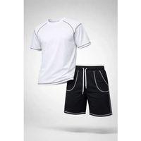 Erkek Spor Tişört Şort Takım Kontrast Dikiş Detaylı Ovarsize Rahat Kalıp - Beyaz